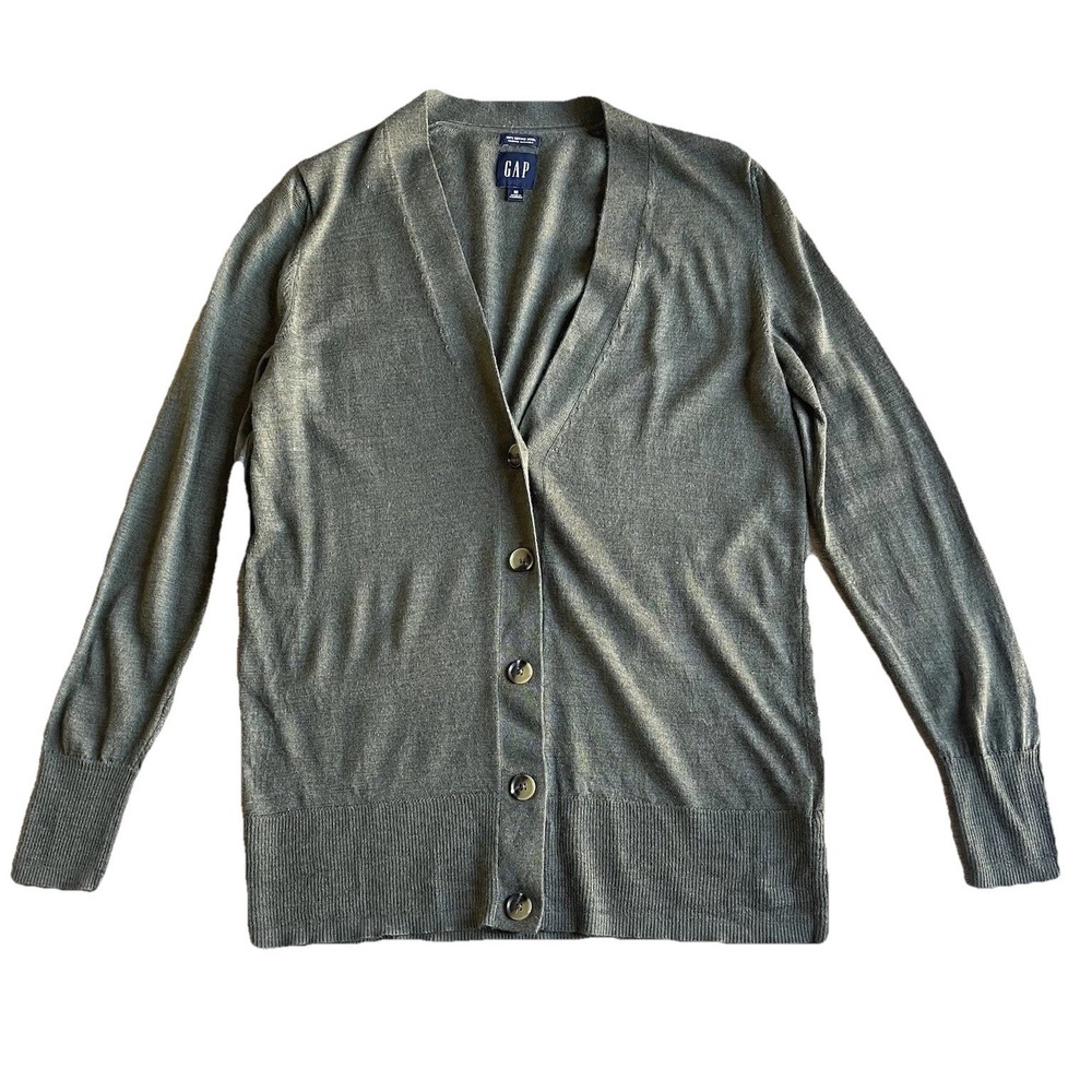 Gap Men's 100% Merino Cardigan Medium Army Green Lightweight Long Length Sweater